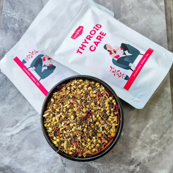 Actual picture of thyroid care tea pack and the tea ingredients in a bowl.